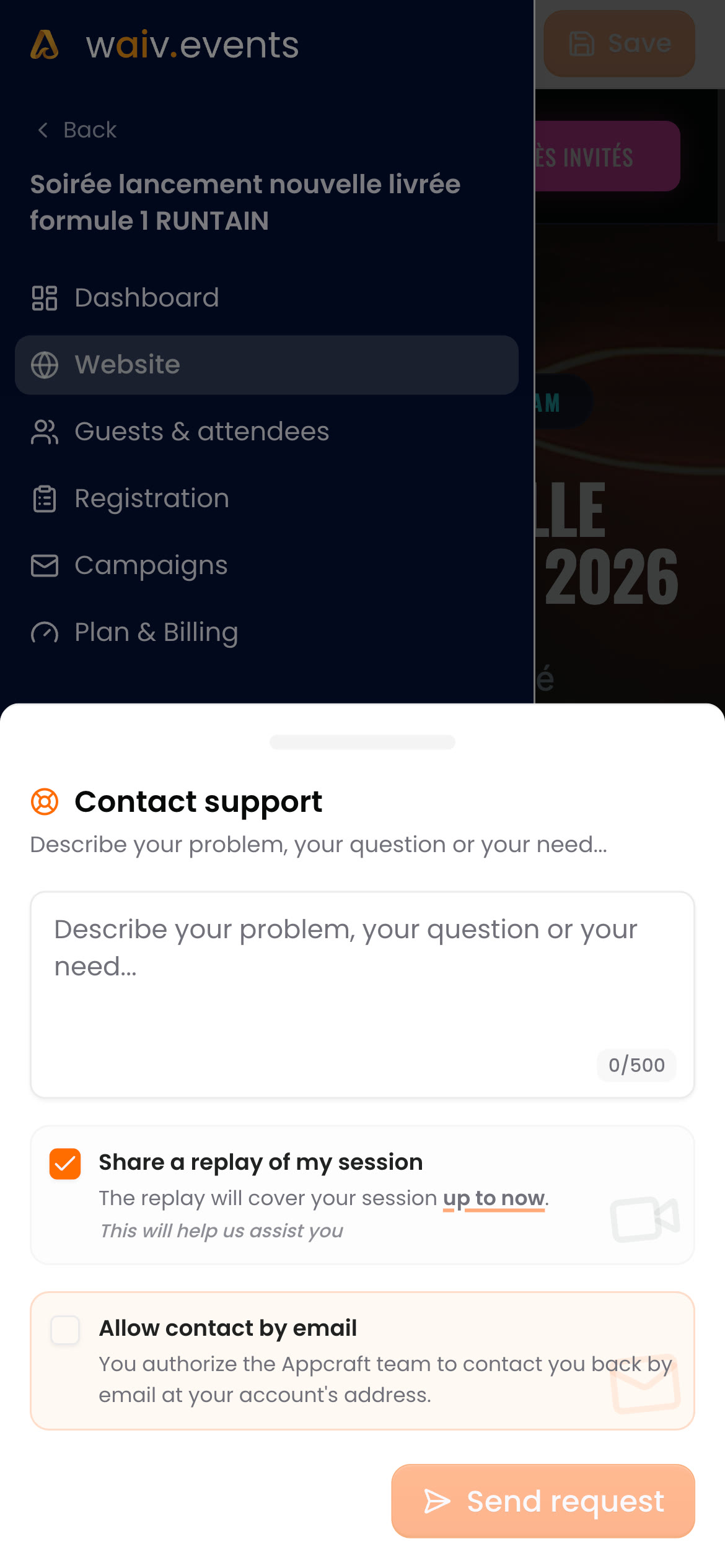 The contact support form with session replay sharing