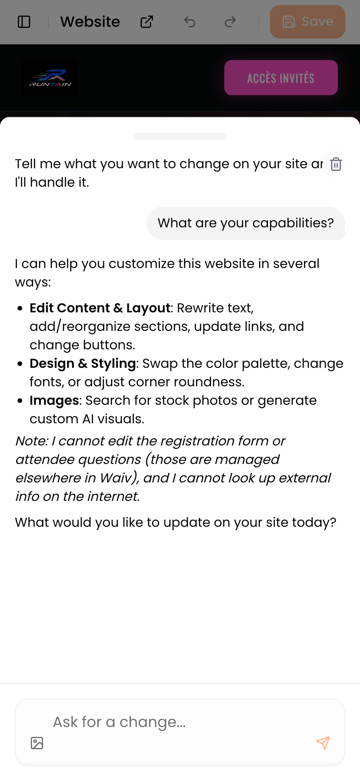 The website editor's AI assistant open in a drawer on mobile