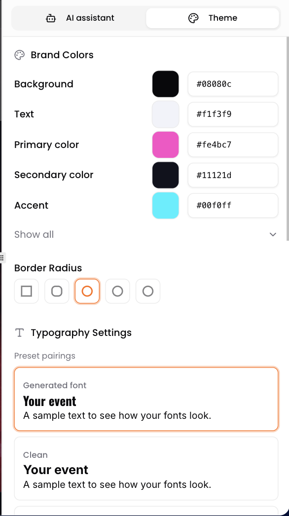 The editor's Theme panel with colors, border radius and font choices