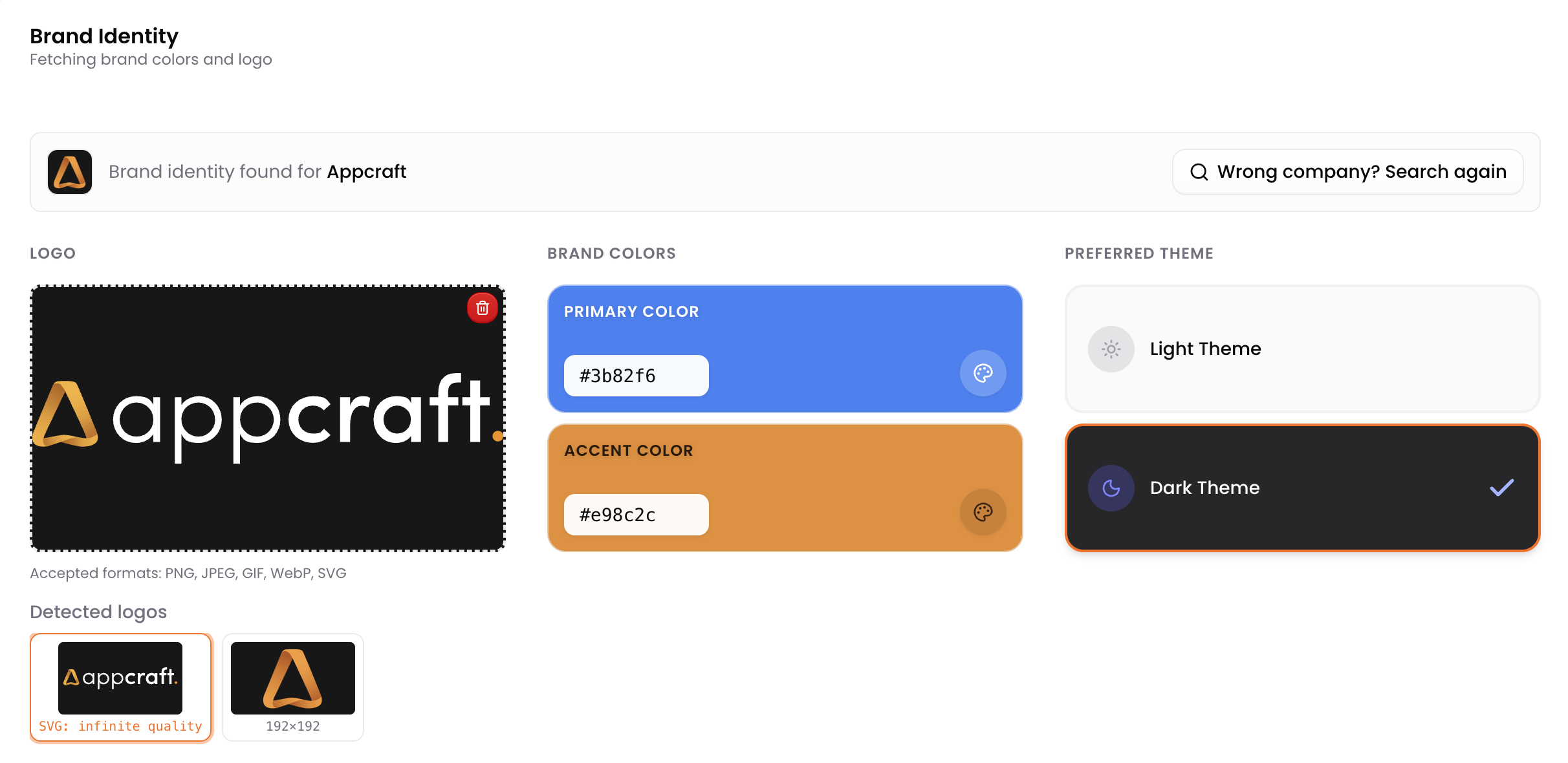 Waiv's brand identity step, showing the detected logo, brand colors taken from the website, preferred theme and a choice between several logos