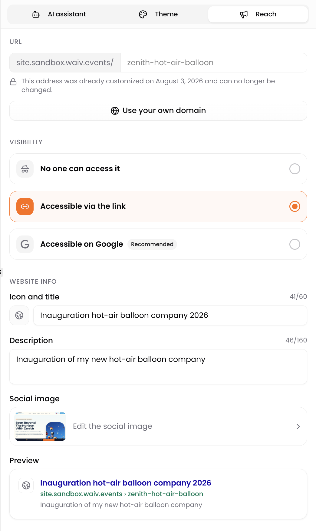 Waiv's Reach menu, showing the site address, the three visibility levels, the website info and the Google preview
