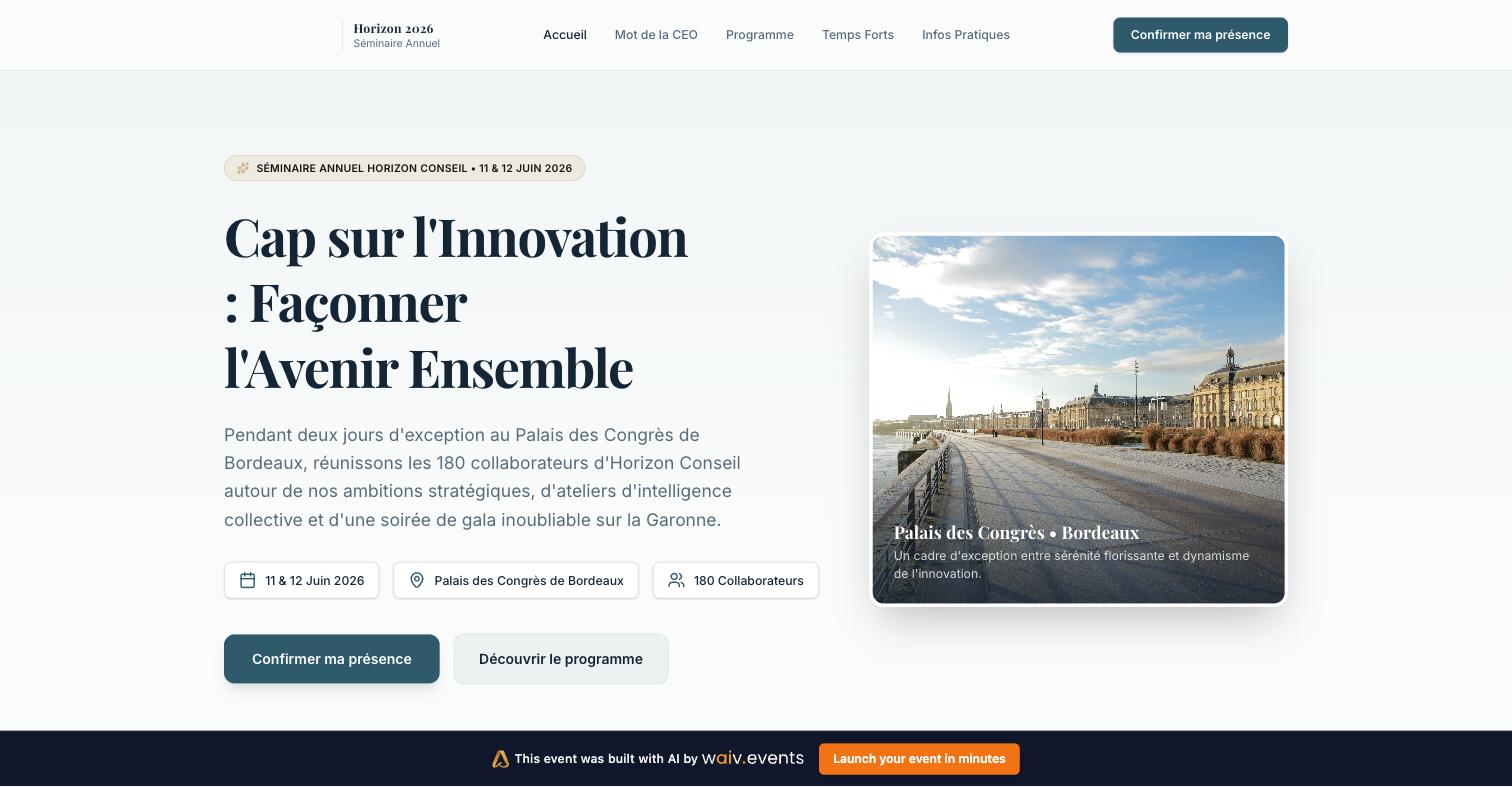 Un site d'événement généré par Waiv : titre, dates, lieu et visuel du Palais des Congrès de Bordeaux